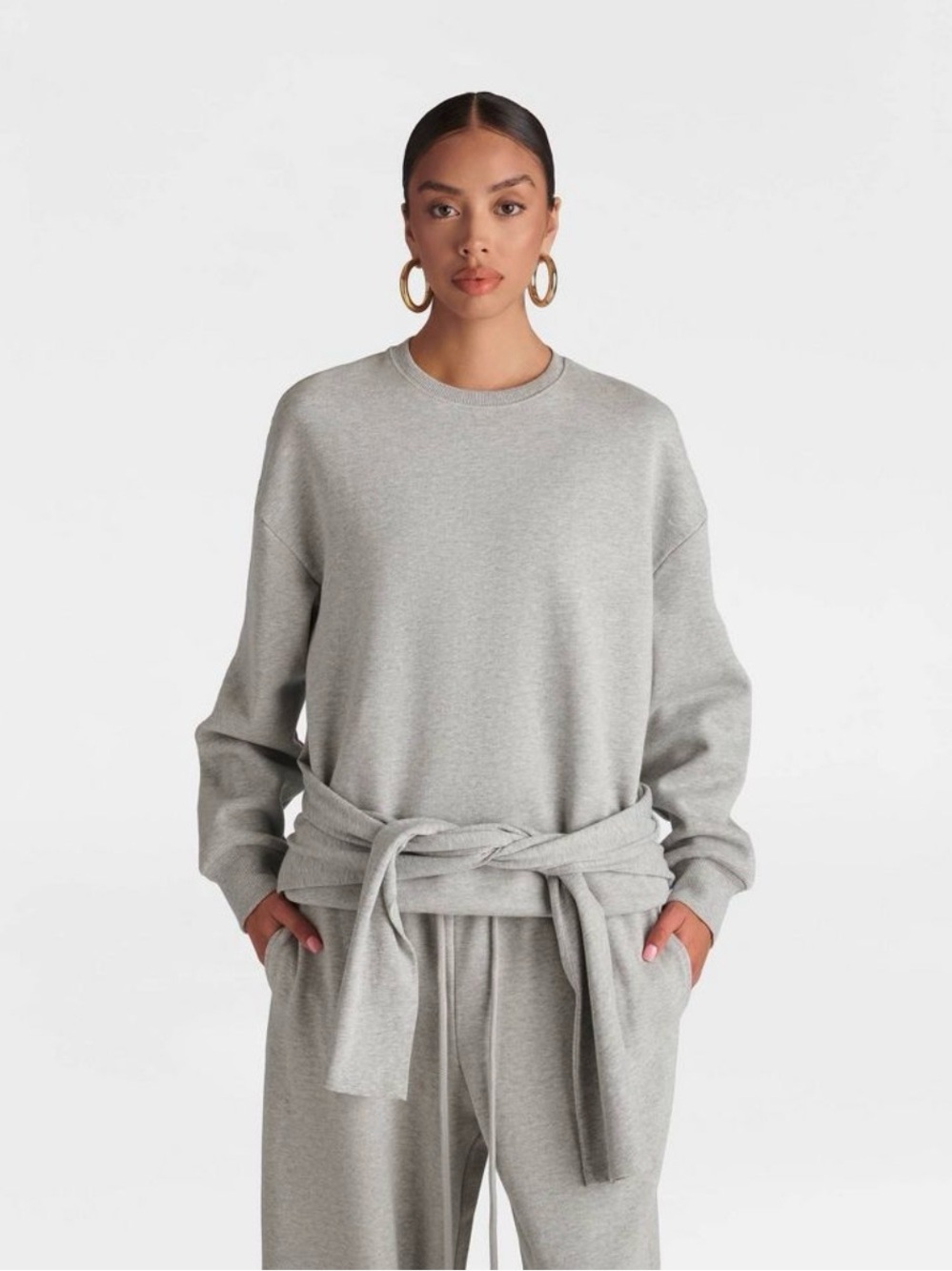 Women's Gray Crewneck Sweatshirt with Waist Tie